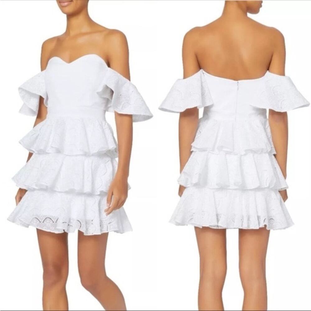 Caroline Constas Irene Ruffle Tiered Off Shoulder White Eyelet Mini Dress Size 4
